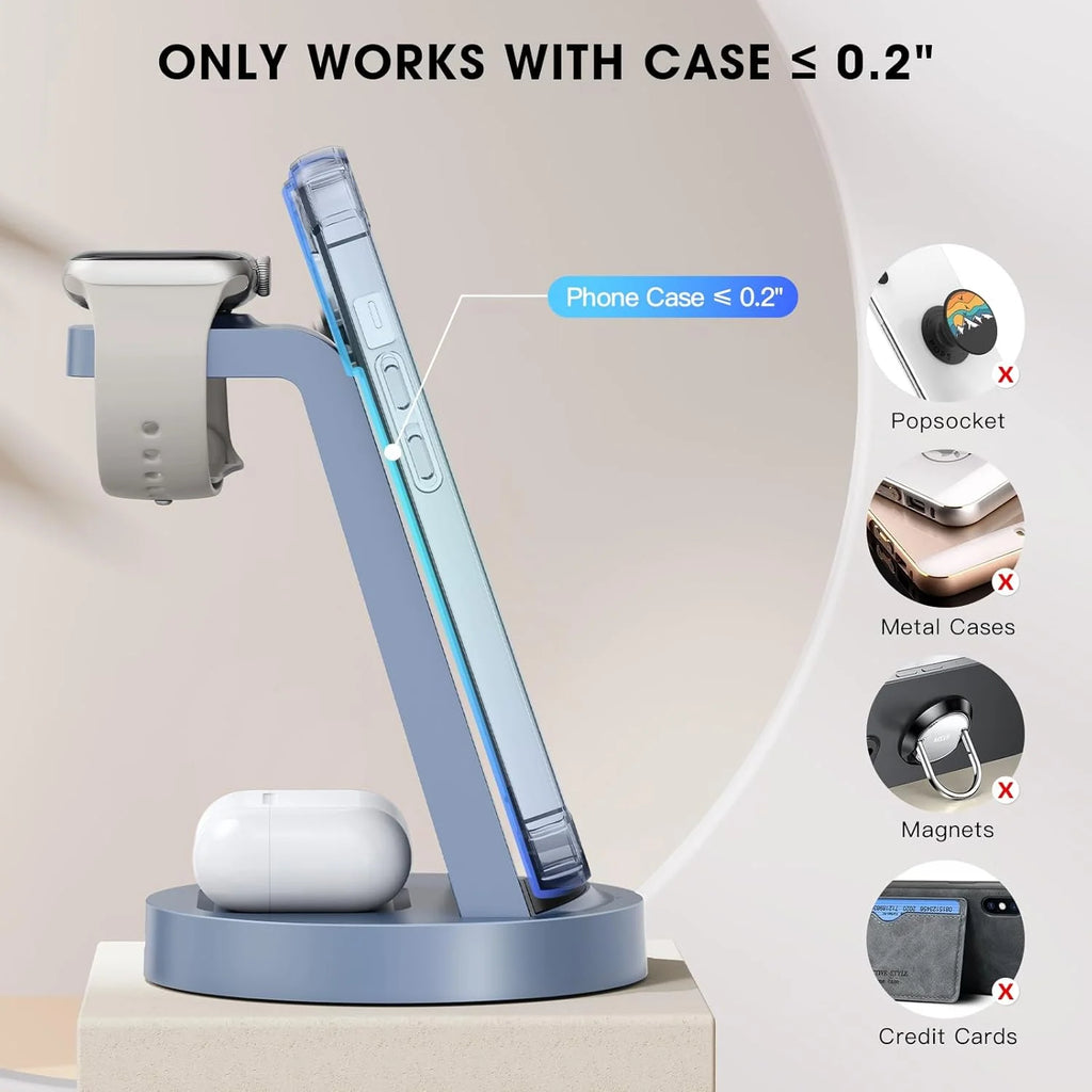 Wireless Charger - 3 in 1 Charging Station Compatible for Iphone & Iwatch - Charging Stand Dock for Airpods (Blue)